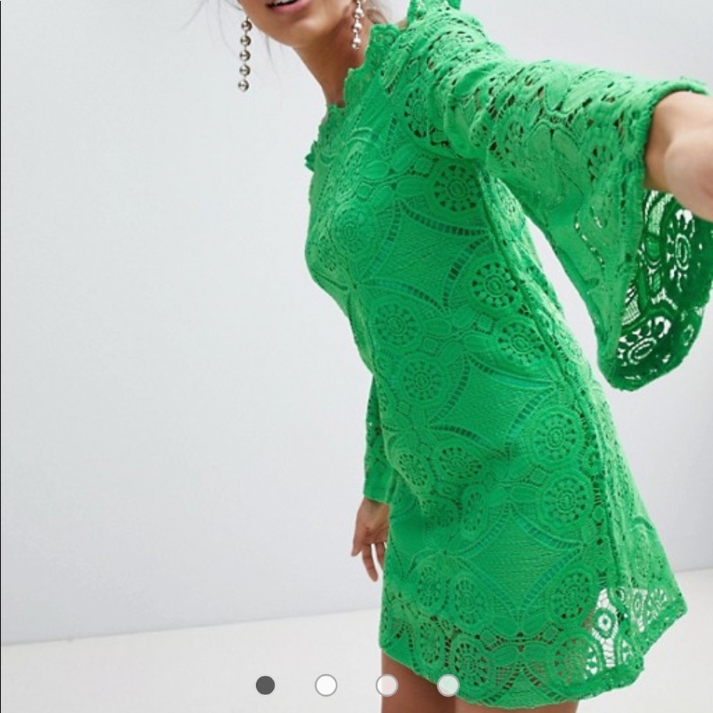 PrettyLittleThing Lace Bell Sleeve Bardot Dress